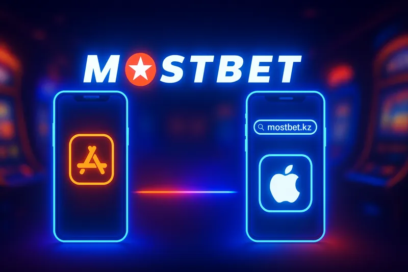 Иллюстрация на неоновом фоне: в центре логотип Mostbet, слева смартфон с изображением приложения, справа смартфон с открытым в браузере сайтом mostbet.com