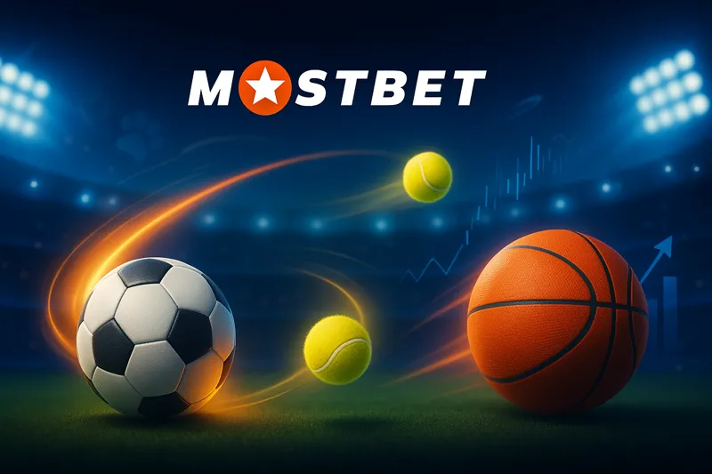 Вид спортивных ставок с логотипом Mostbet: стадион и следы движения мячей.