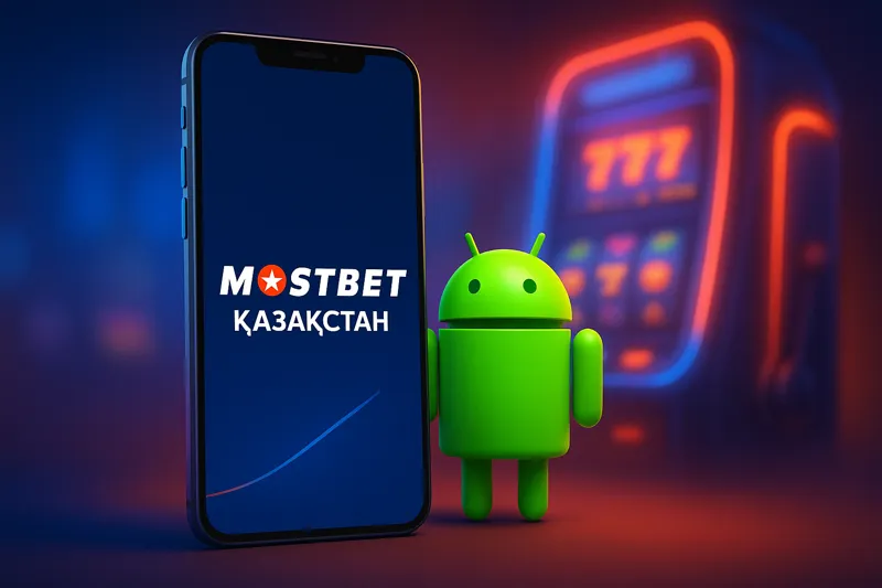 На экране смартфона отображён логотип Mostbet Казахстан, рядом стоит зелёный робот Android, на фоне огни казино.