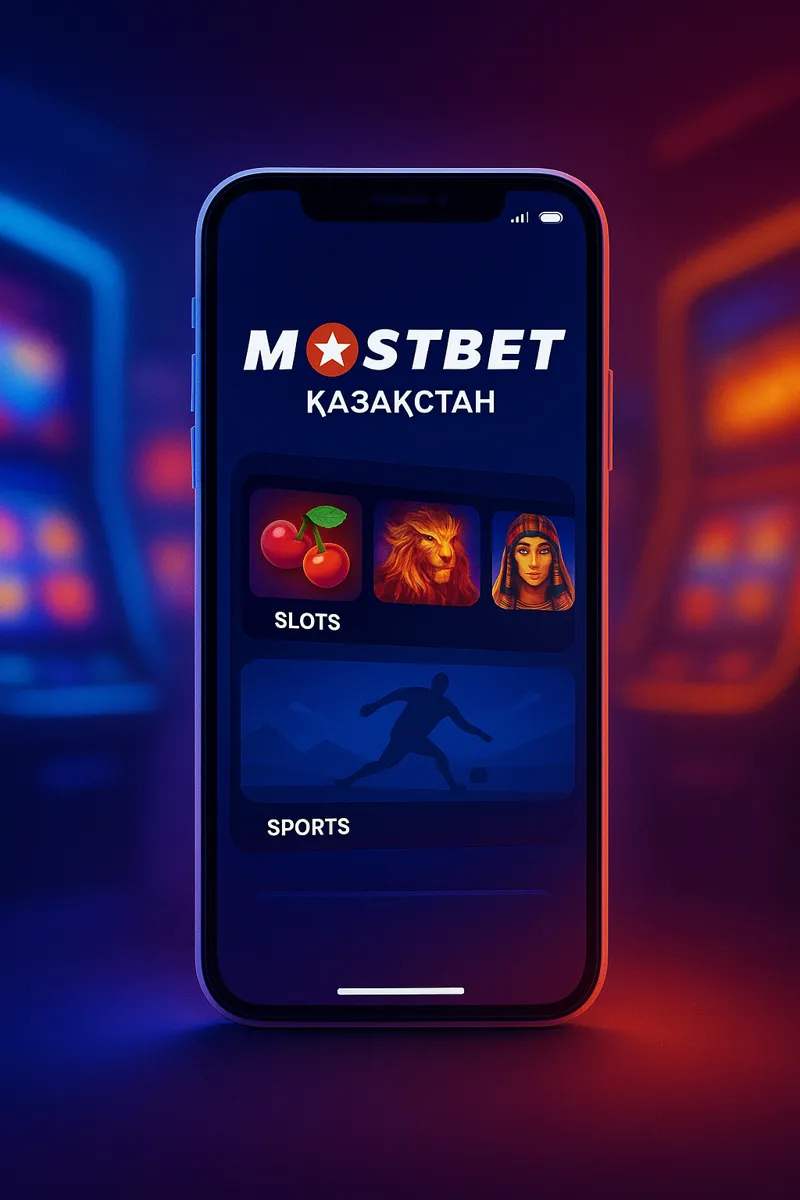Смартфон экранында Mostbet Қазақстан мобильді нұсқасы ашылған, онда слоттар мен спорттық ставкалар көрсетілген.