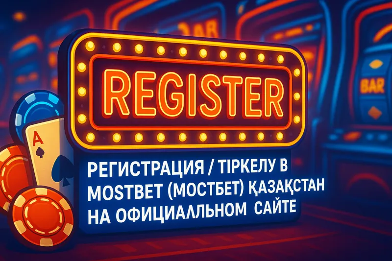Ойын автоматтары, покер фишкалары мен туз картасының фонында жарқыраған  REGISTER неон жазуы, Mostbet Қазақстан тіркелуі туралы мәтінмен.
