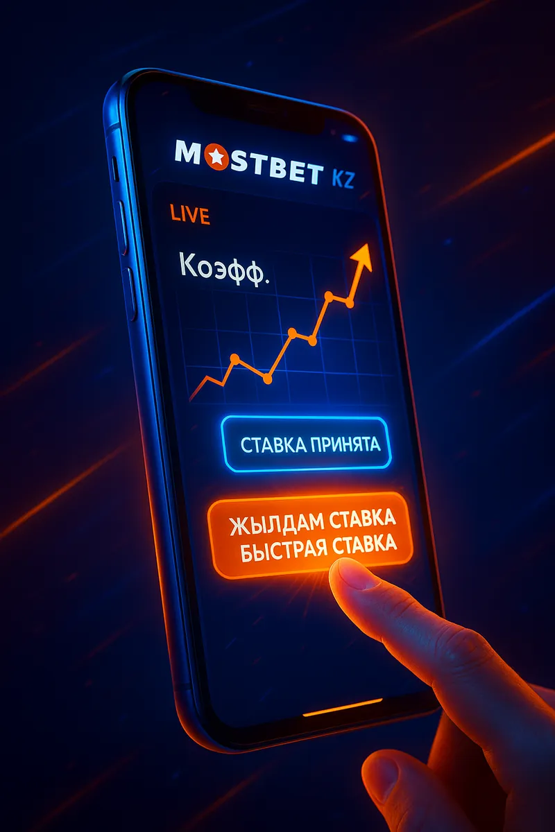 Mostbet логотипі бар лайв-ставкалар көрінісі: түнгі стадион, доптардың қозғалыс іздері, абстракт графиктер.