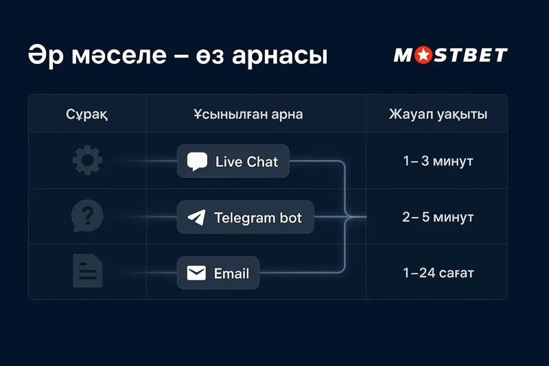 Чат белгісі, Telegram иконкасы және email конверт бейнеленген иллюстрация, жанында Mostbet логотипі бар.