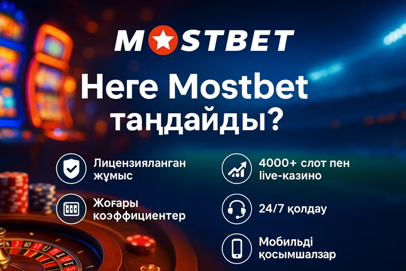 Mostbet платформасының артықшылықтарын көрсететін жарнамалық баннер
