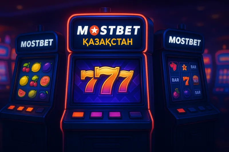 Неон жарығымен жарқыраған казино ішінде Mostbet Қазақстан логотипімен безендірілген ойын автоматтары.